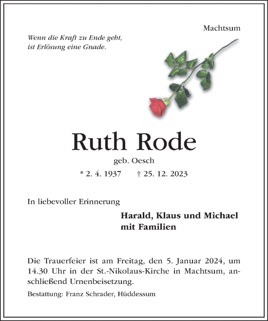 Traueranzeige von Ruth Rode von Hildesheimer Allgemeine Zeitung