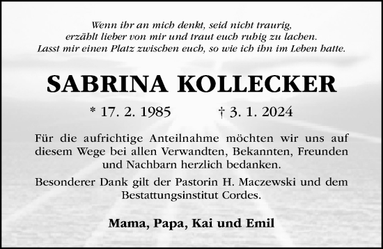 Traueranzeige von Sabrina Kollecker von Hildesheimer Allgemeine Zeitung