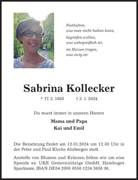 Traueranzeige von Sabrina Kollecker von Hildesheimer Allgemeine Zeitung