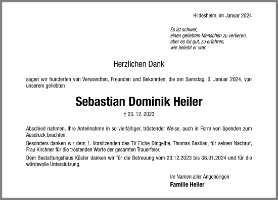 Traueranzeige von Sebastian Dominik Heiler von Hildesheimer Allgemeine Zeitung