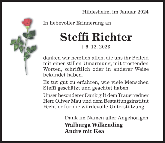 Traueranzeige von Steffi Richter von Hildesheimer Allgemeine Zeitung