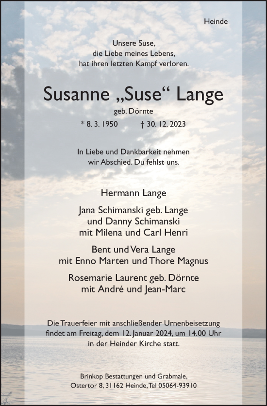 Traueranzeige von Susanne Lange von Hildesheimer Allgemeine Zeitung