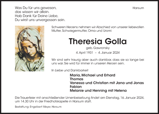 Traueranzeige von Theresia Golla von Hildesheimer Allgemeine Zeitung