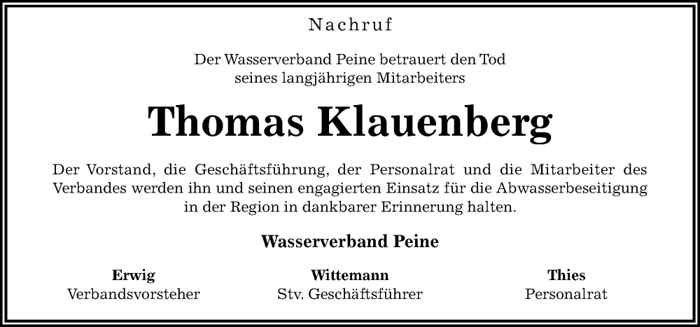  Traueranzeige für Thomas Klauenberg vom 06.01.2024 aus Hildesheimer Allgemeine Zeitung