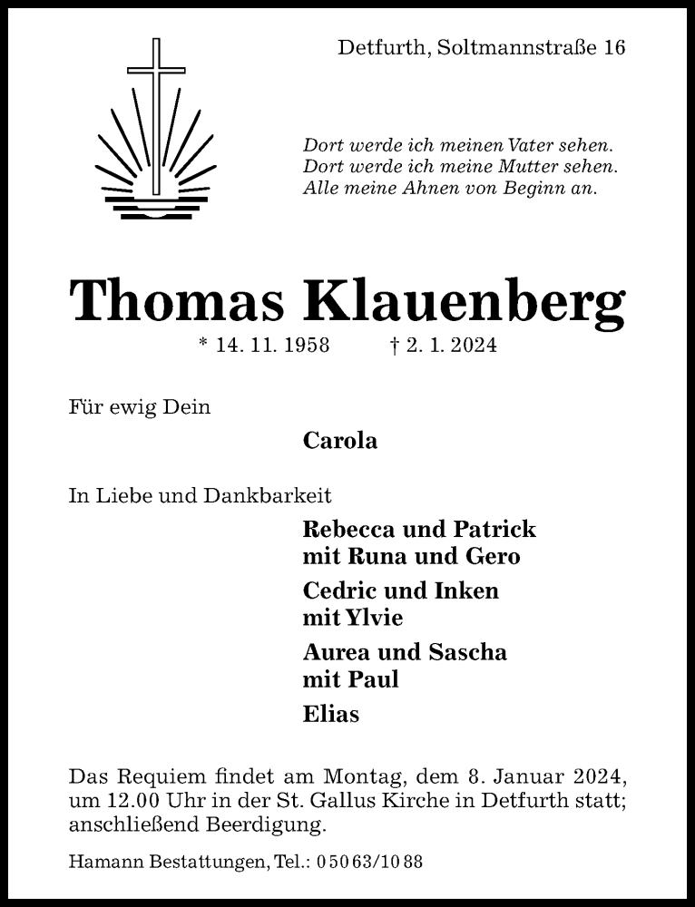  Traueranzeige für Thomas Klauenberg vom 06.01.2024 aus Hildesheimer Allgemeine Zeitung