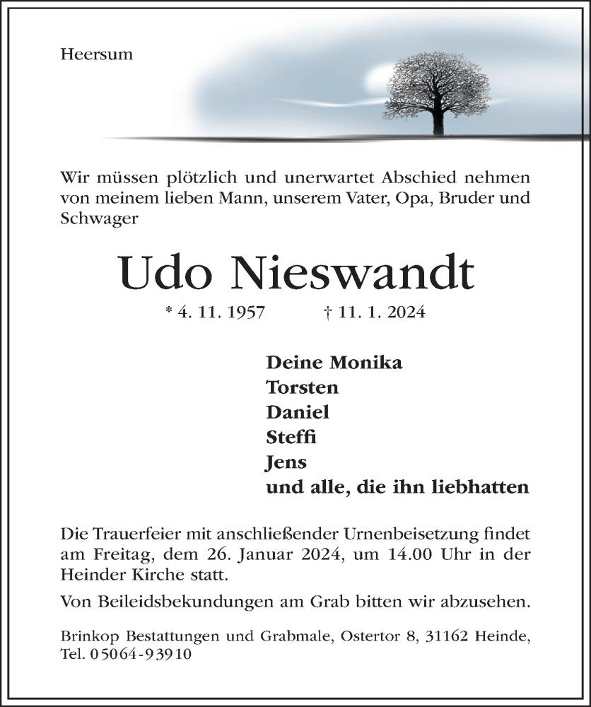  Traueranzeige für Udo Nieswandt vom 17.01.2024 aus Hildesheimer Allgemeine Zeitung