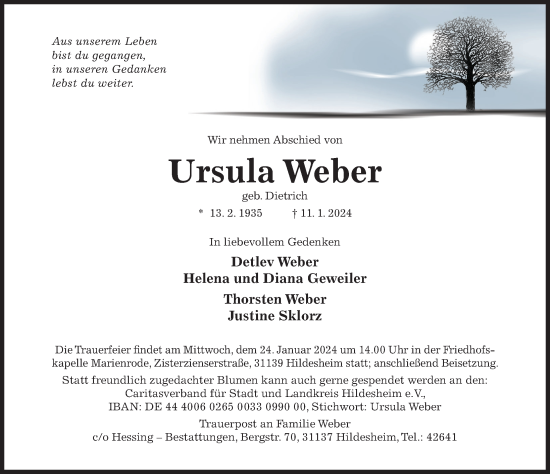 Traueranzeige von Ursula Weber von Hildesheimer Allgemeine Zeitung