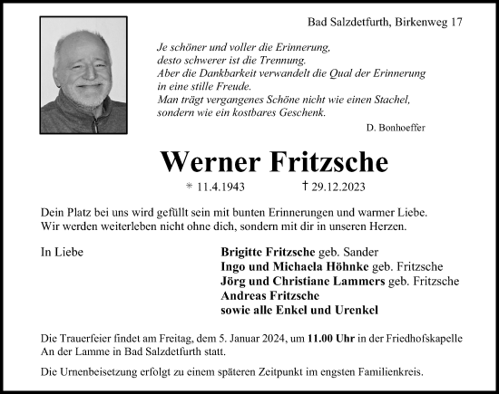 Traueranzeige von Werner Fritzsche von Hildesheimer Allgemeine Zeitung