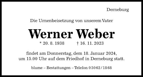 Traueranzeige von Werner Weber von Hildesheimer Allgemeine Zeitung