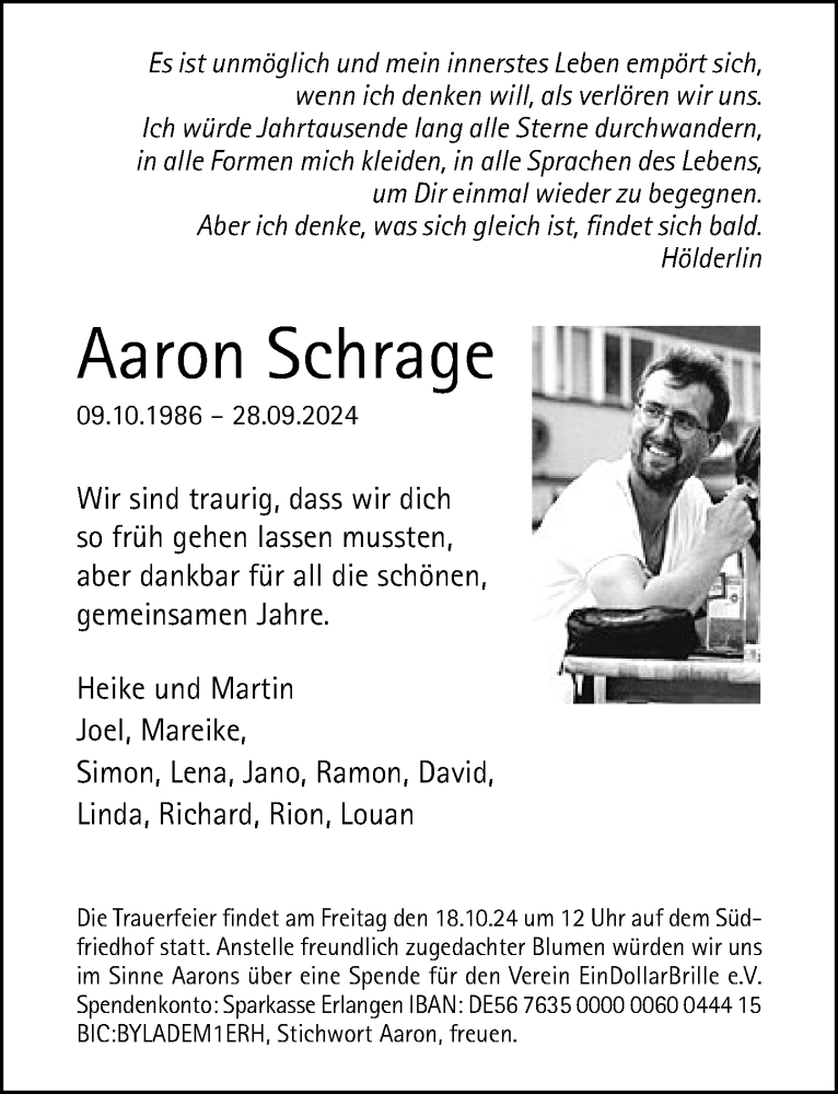  Traueranzeige für Aaron Schrage vom 05.10.2024 aus Hildesheimer Allgemeine Zeitung