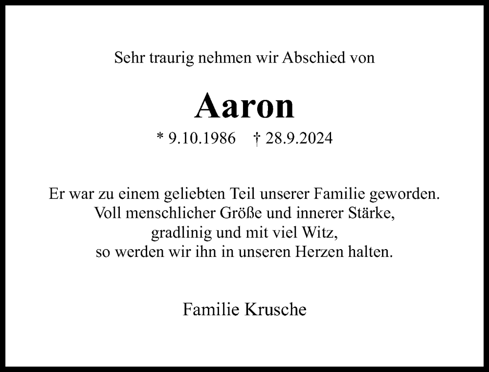  Traueranzeige für Aaron Schrage vom 05.10.2024 aus Hildesheimer Allgemeine Zeitung