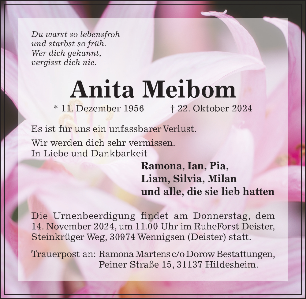  Traueranzeige für Anita Meibom vom 30.10.2024 aus Hildesheimer Allgemeine Zeitung