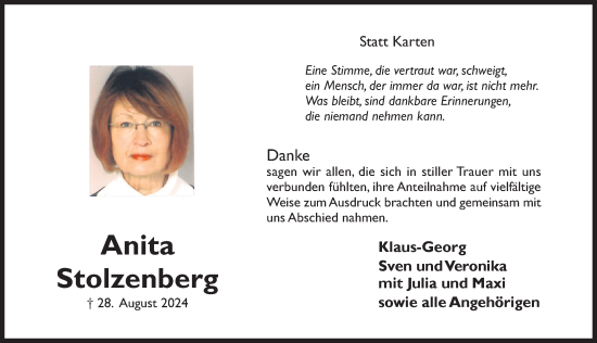 Traueranzeige von Anita Stolzenberg von Hildesheimer Allgemeine Zeitung