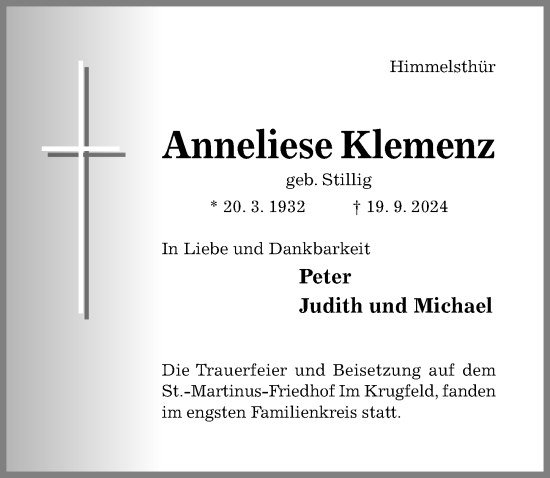 Traueranzeige von Anneliese Klemenz von Hildesheimer Allgemeine Zeitung