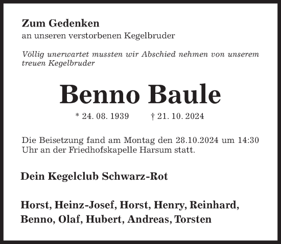 Traueranzeige von Benno Baule von Hildesheimer Allgemeine Zeitung