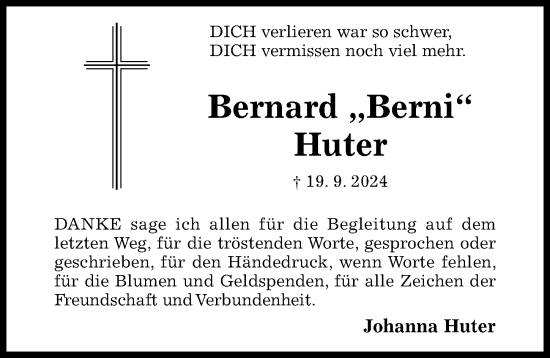 Traueranzeige von Bernard Huter von Hildesheimer Allgemeine Zeitung