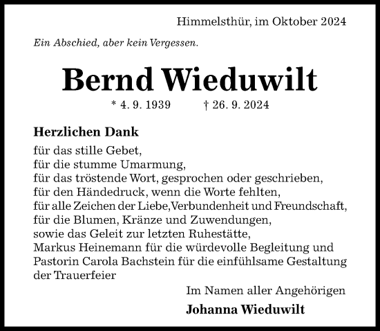 Traueranzeige von Bernd Wieduwilt von Hildesheimer Allgemeine Zeitung