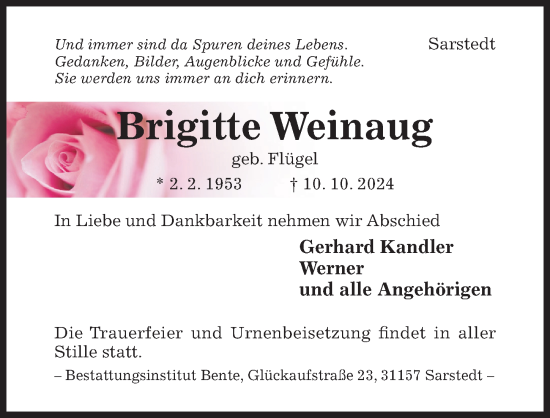 Traueranzeige von Brigitte Weinaug von Hildesheimer Allgemeine Zeitung