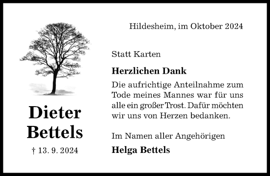 Traueranzeige von Dieter Bettels von Hildesheimer Allgemeine Zeitung