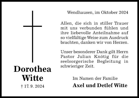 Traueranzeige von Dorothea Witte von Hildesheimer Allgemeine Zeitung