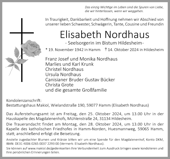 Traueranzeige von Elisabeth Nordhaus von Hildesheimer Allgemeine Zeitung