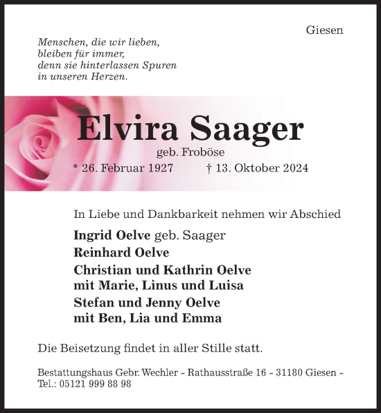 Traueranzeige von Elvira Saager von Hildesheimer Allgemeine Zeitung