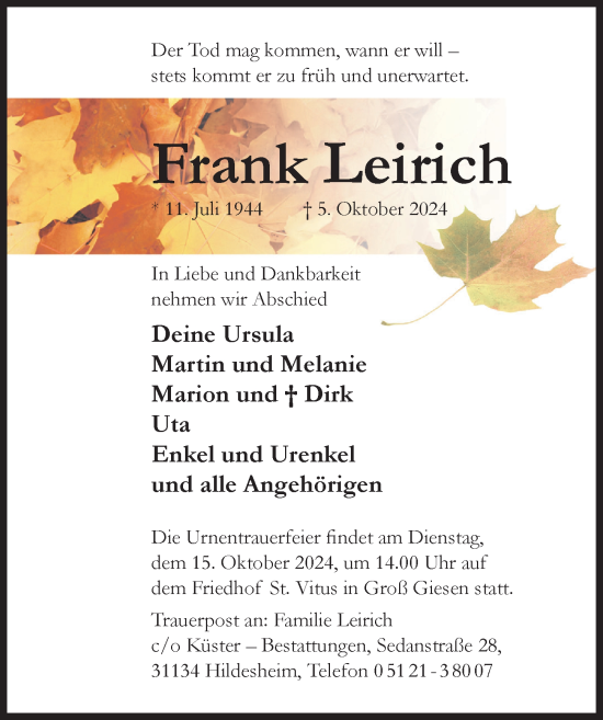 Traueranzeige von Frank Leirich von Hildesheimer Allgemeine Zeitung