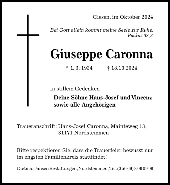 Traueranzeige von Giuseppe Caronna von Hildesheimer Allgemeine Zeitung