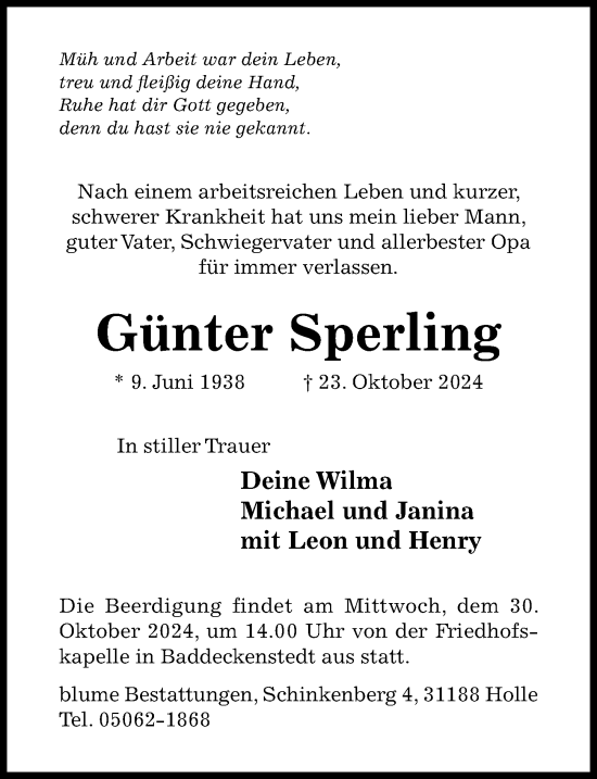 Traueranzeige von Günter Sperling von Hildesheimer Allgemeine Zeitung