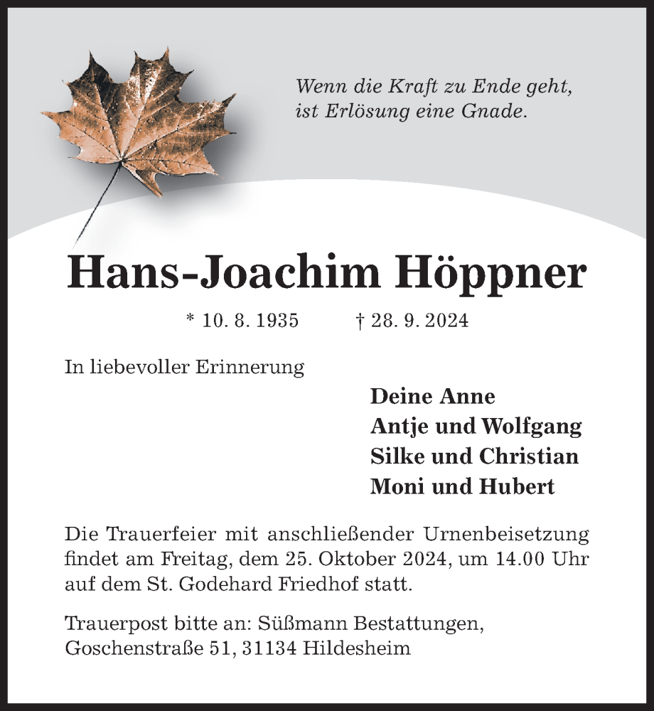  Traueranzeige für Hans-Joachim Höppner vom 05.10.2024 aus Hildesheimer Allgemeine Zeitung