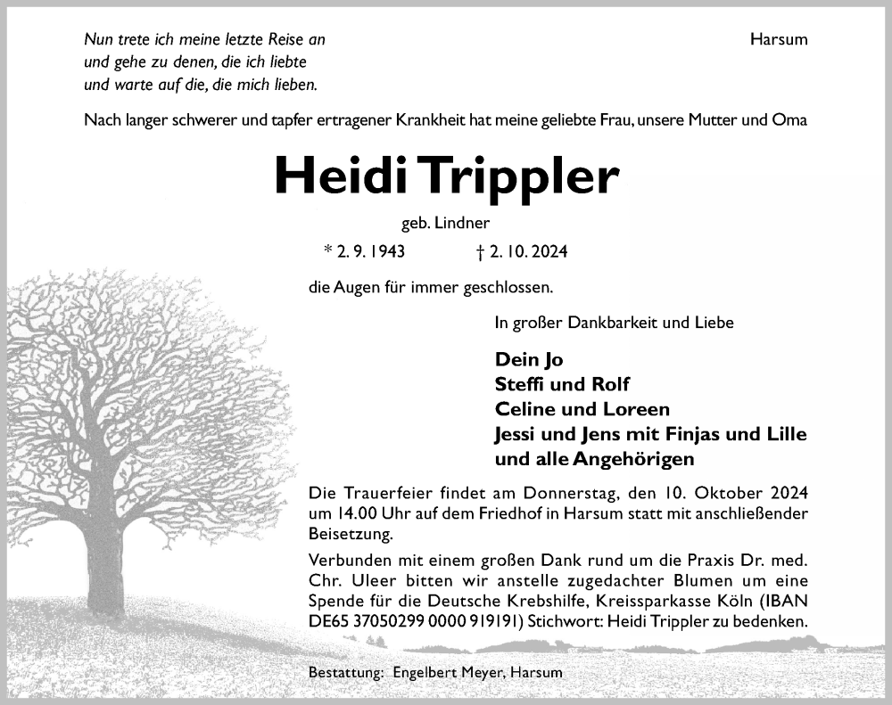  Traueranzeige für Heidi Trippler vom 08.10.2024 aus Hildesheimer Allgemeine Zeitung