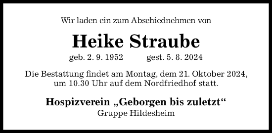 Traueranzeige von Heike Straube von Hildesheimer Allgemeine Zeitung