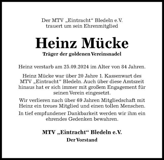 Traueranzeige von Heinz Mücke von Hildesheimer Allgemeine Zeitung