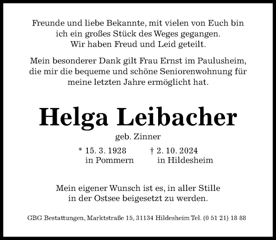 Traueranzeige von Helga Leibacher von Hildesheimer Allgemeine Zeitung