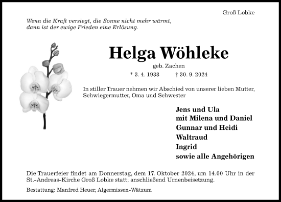 Traueranzeige von Helga Wöhleke von Hildesheimer Allgemeine Zeitung