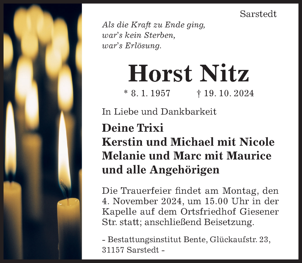  Traueranzeige für Horst Nitz vom 23.10.2024 aus Hildesheimer Allgemeine Zeitung