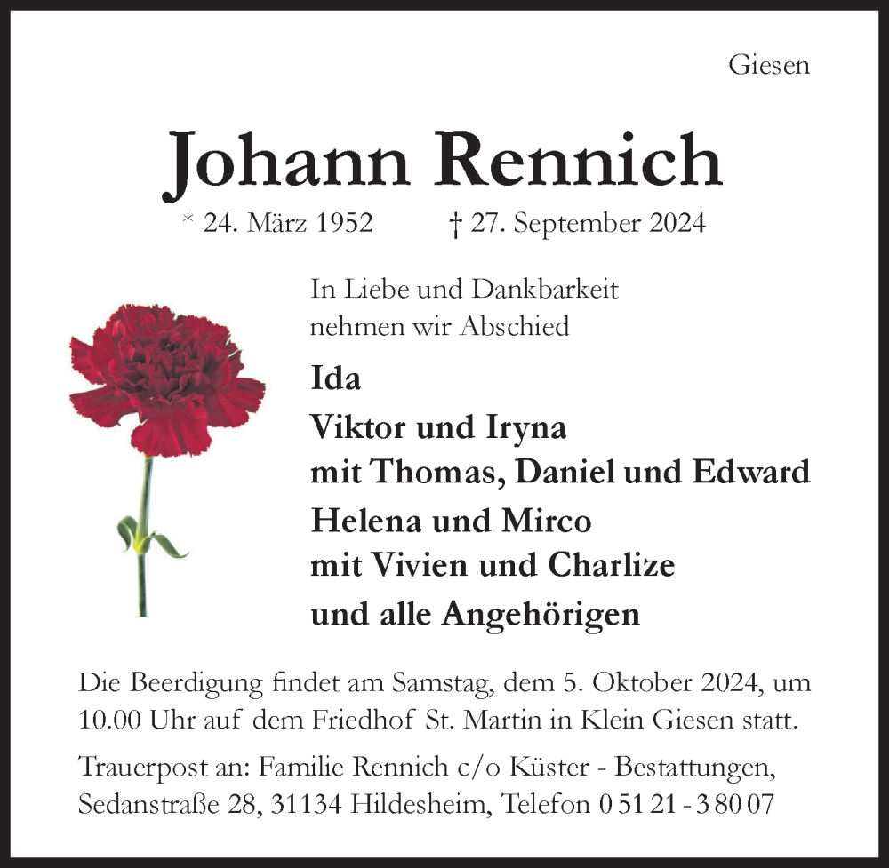  Traueranzeige für Johann Rennich vom 02.10.2024 aus Hildesheimer Allgemeine Zeitung