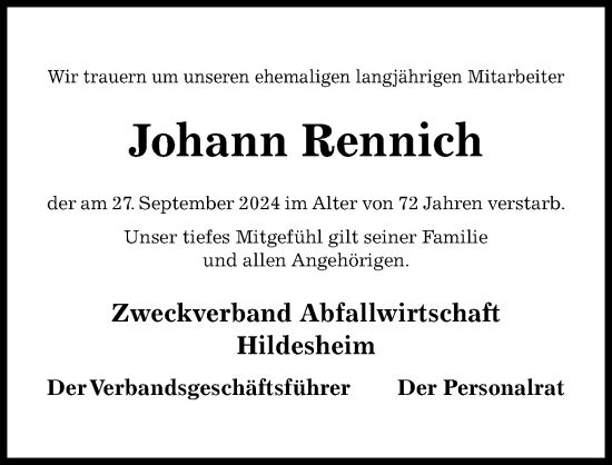 Traueranzeige von Johann Rennich von Hildesheimer Allgemeine Zeitung