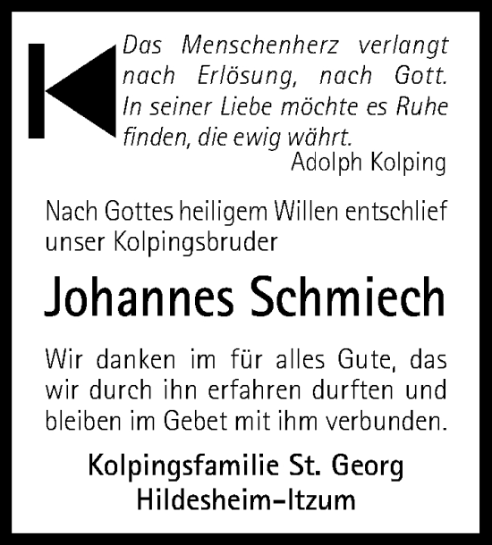 Traueranzeige von Johannes Schmiech von Hildesheimer Allgemeine Zeitung