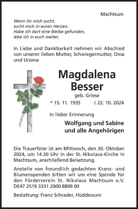 Traueranzeige von Magdalena Besser von Hildesheimer Allgemeine Zeitung