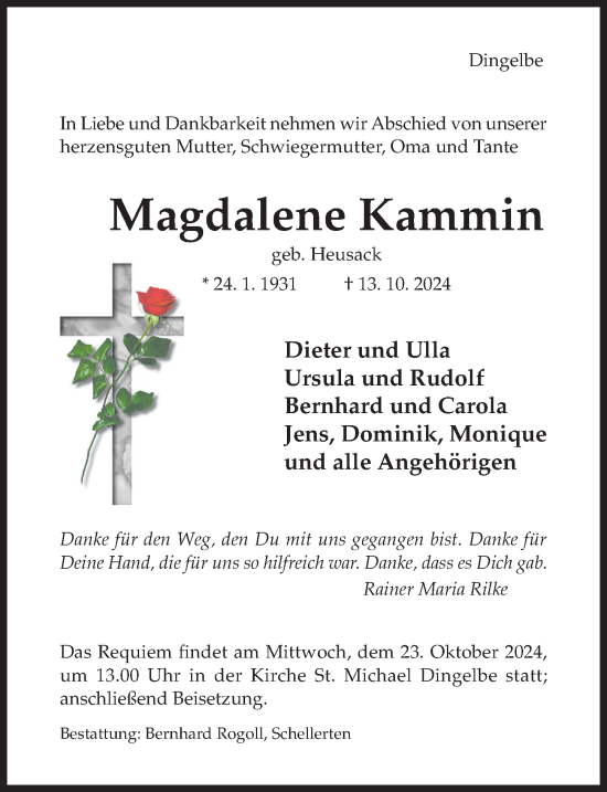 Traueranzeige von Magdalene Kammin von Hildesheimer Allgemeine Zeitung