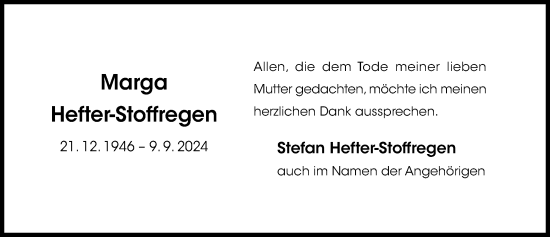 Traueranzeige von Marga Hefter-Stoffregen von Hildesheimer Allgemeine Zeitung