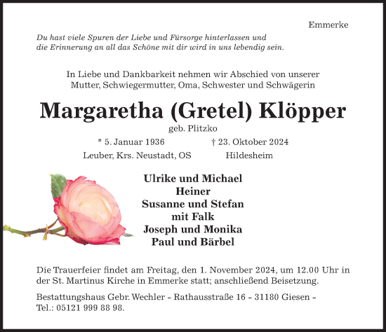 Traueranzeige von Margaretha Klöpper von Hildesheimer Allgemeine Zeitung