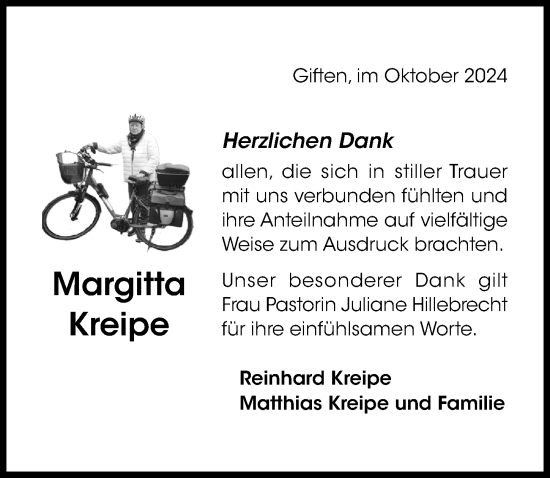 Traueranzeige von Margitta Kreipe von Hildesheimer Allgemeine Zeitung