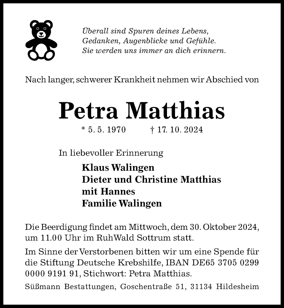  Traueranzeige für Petra Matthias vom 26.10.2024 aus Hildesheimer Allgemeine Zeitung