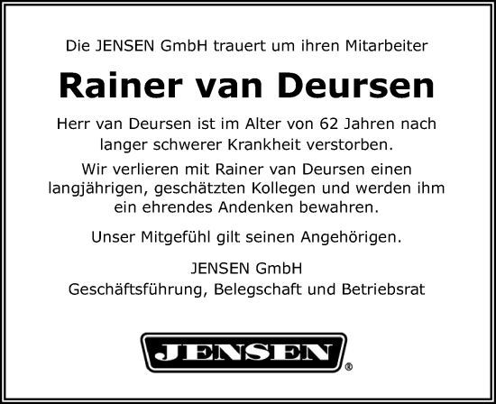 Traueranzeige von Rainer  van Deursen von Hildesheimer Allgemeine Zeitung