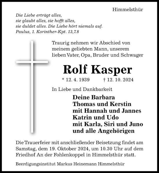 Traueranzeige von Rolf Kasper von Hildesheimer Allgemeine Zeitung