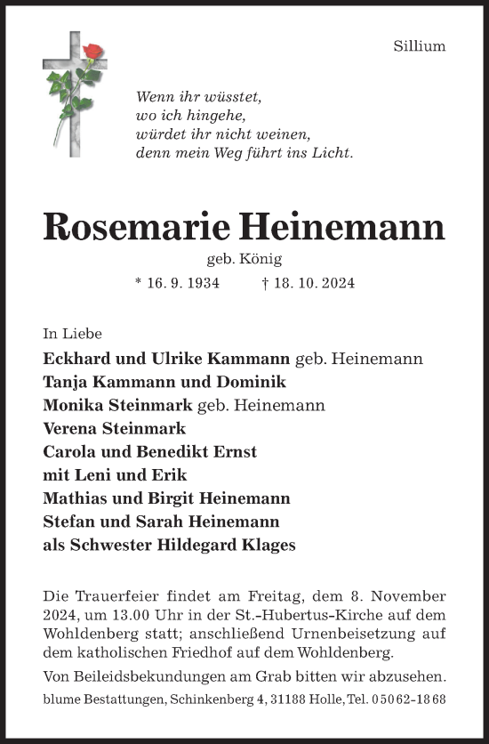 Traueranzeige von Rosemarie Heinemann von Hildesheimer Allgemeine Zeitung