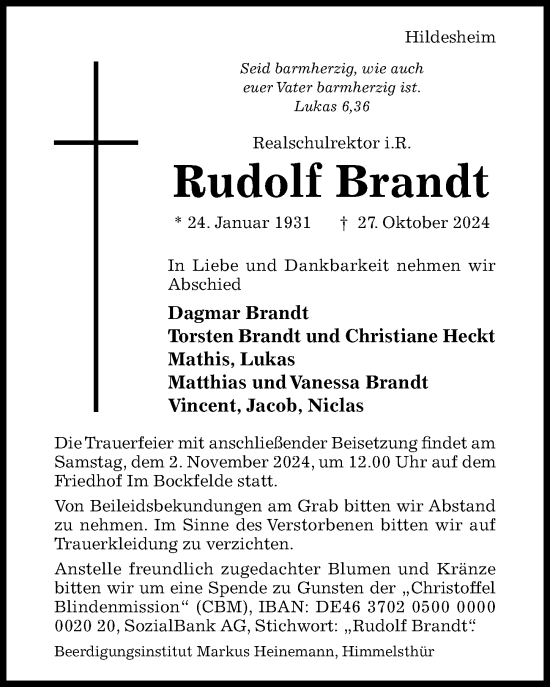 Traueranzeige von Rudolf Brandt von Hildesheimer Allgemeine Zeitung