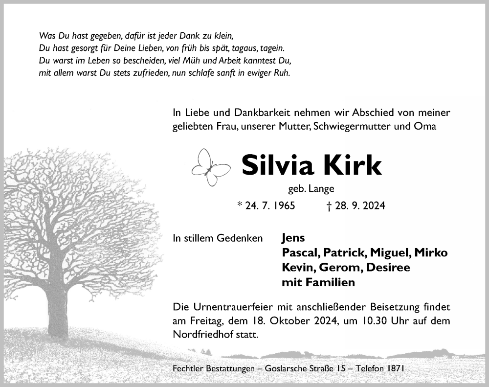  Traueranzeige für Silvia Kirk vom 09.10.2024 aus Hildesheimer Allgemeine Zeitung